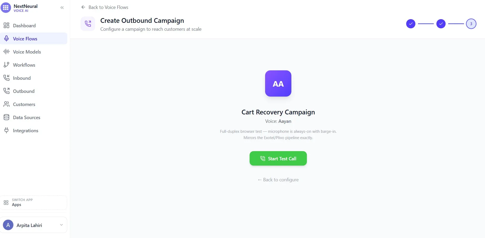 Campaign ready to test with all settings configured and Save & Test button