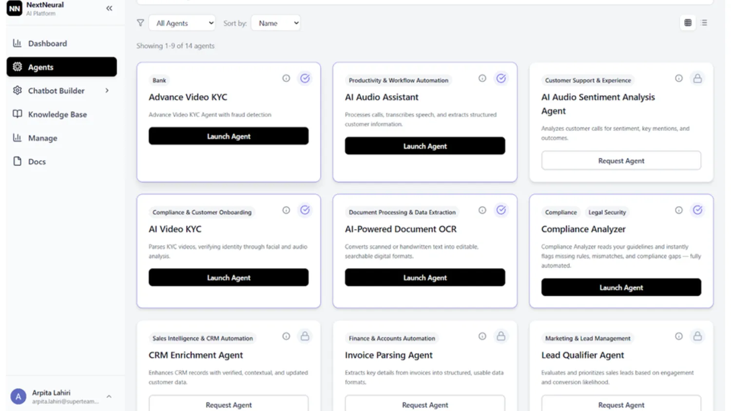 NextNeural Platform Dashboard showing AI agents