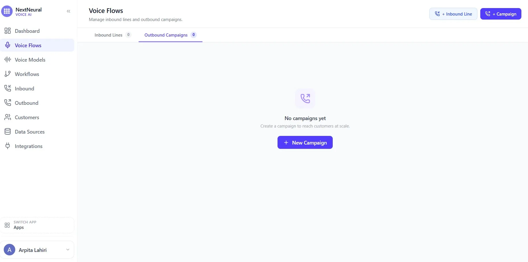 Voice Flows page with inbound lines and outbound campaigns overview