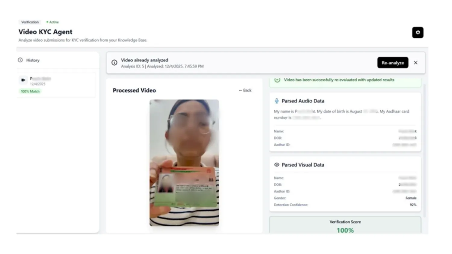 AI Video KYC Agent processing results with verification score