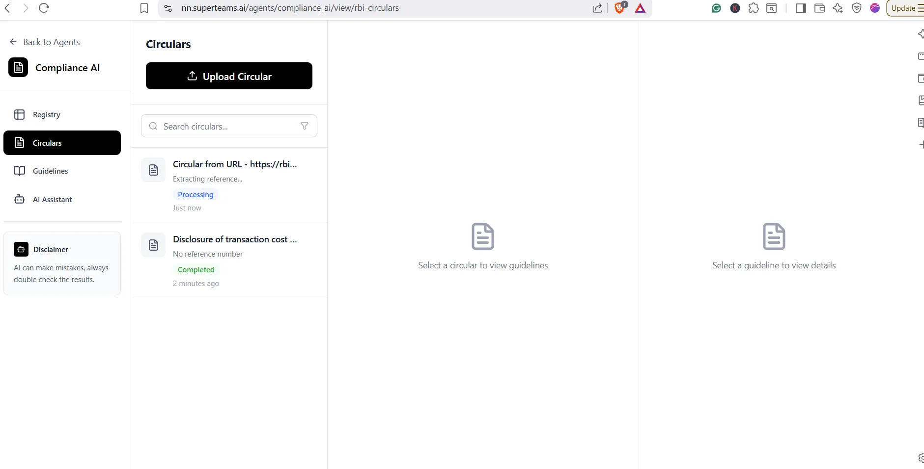 Circulars view showing uploaded documents and processing state