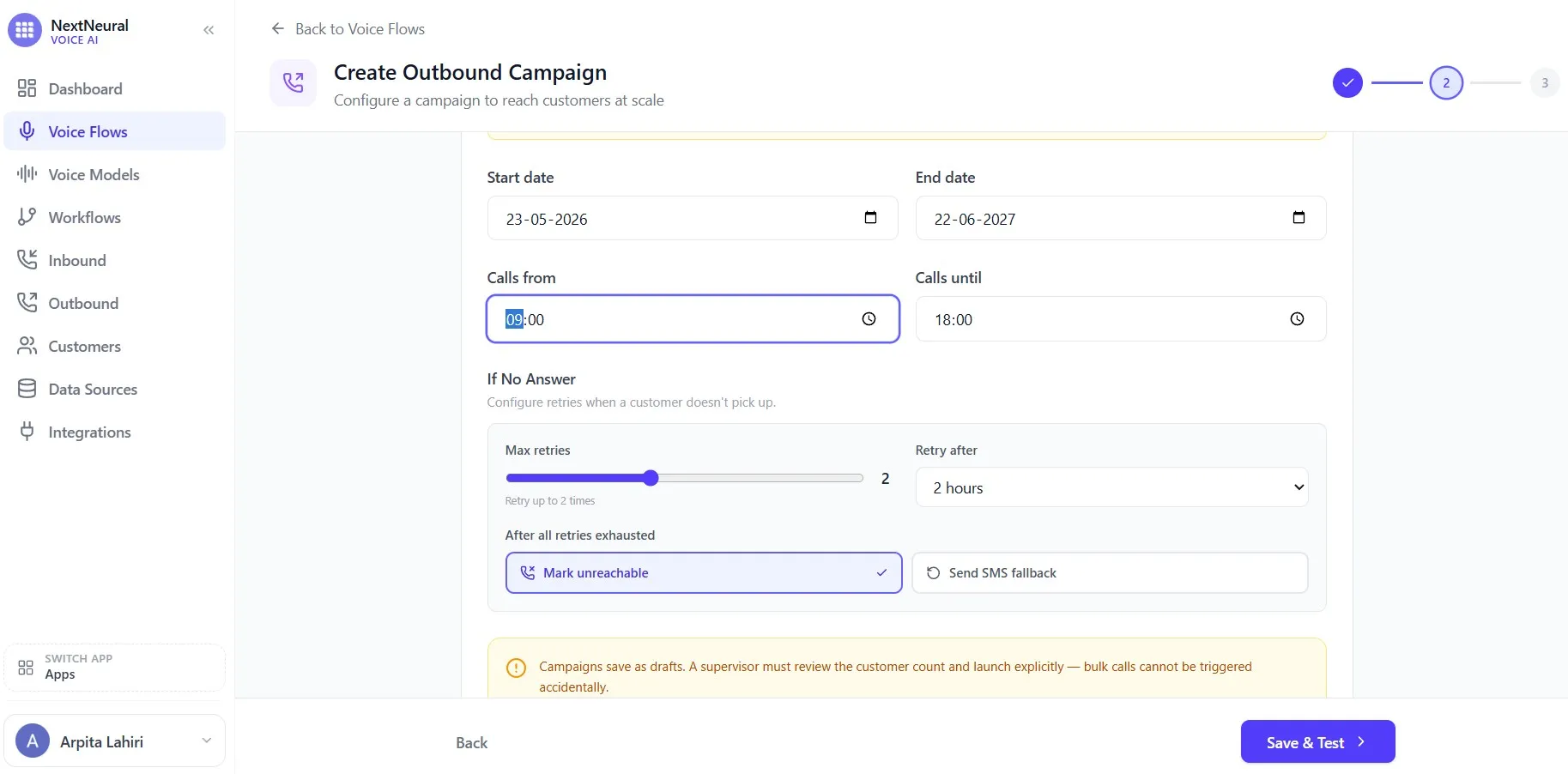 Campaign schedule configuration with start date, end date, and daily calling hours
