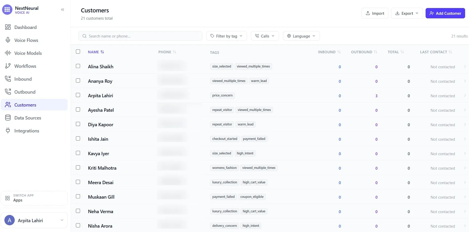 Customer management dashboard showing contacts with tags and call history