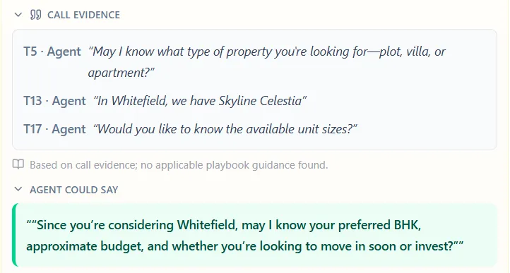 NextNeural Intel call evidence panel showing timestamped agent quotes from a call and a suggested 'agent could say' line recommending the agent ask about preferred BHK, budget and move-in timeline