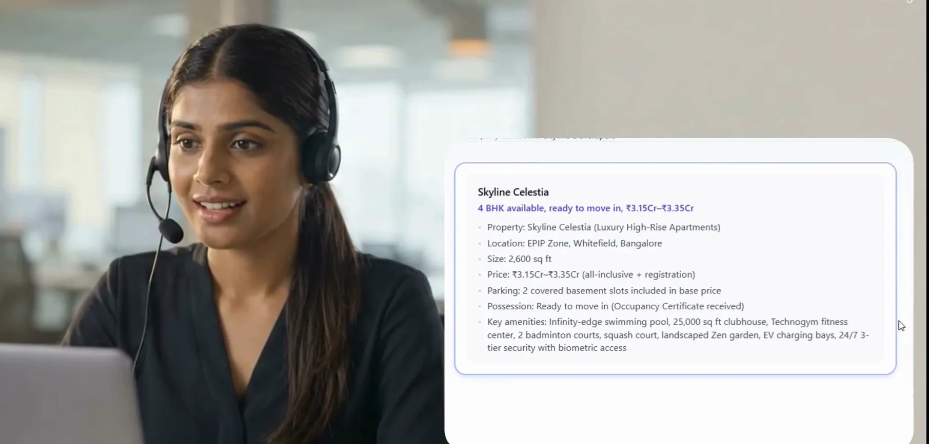 A sales rep on a live call with NextNeural Assist surfacing the relevant property details on screen