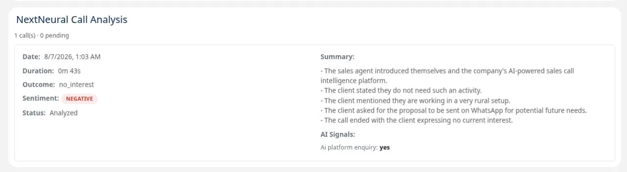 NextNeural call analysis result showing outcome, sentiment, a call summary, and AI signals