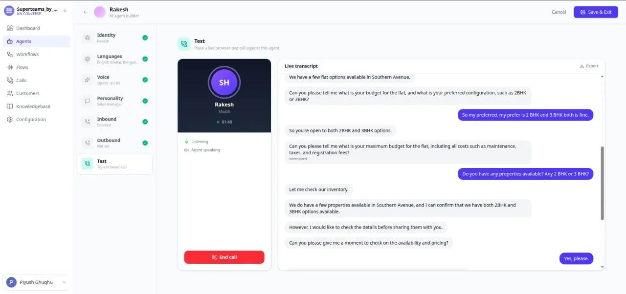 NN Converse agent builder showing a live test call transcript with an AI voice agent answering a property inquiry