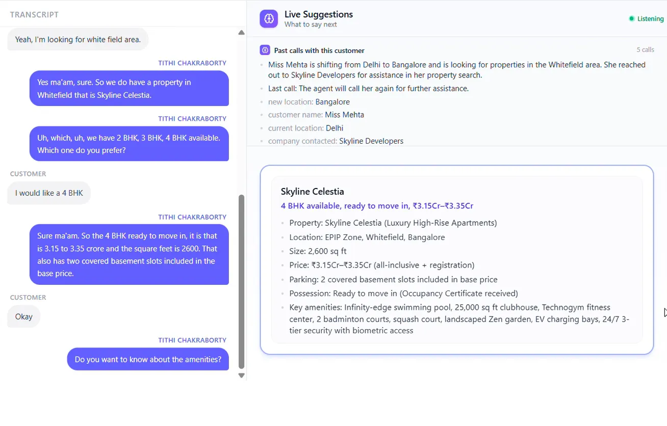 NextNeural Assist live call screen showing the call transcript alongside Live Suggestions with past call context and the relevant property details