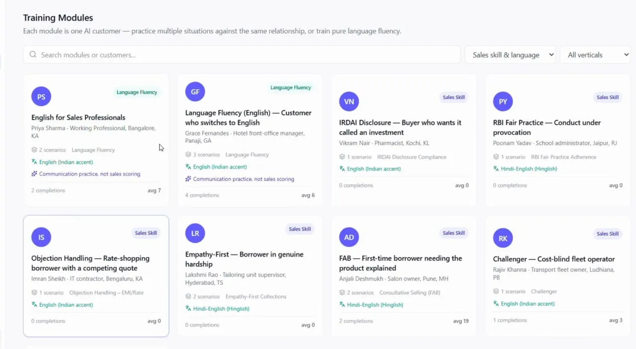 NN Coach training module library showing AI-simulated customer scenarios for objection handling, empathy-first selling, and compliance disclosure practice