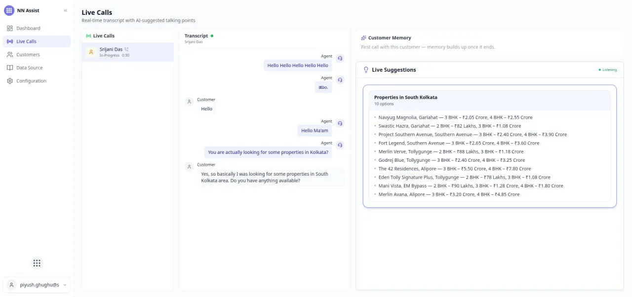 NN Assist live call screen showing AI-generated live suggestions surfacing relevant options mid-call